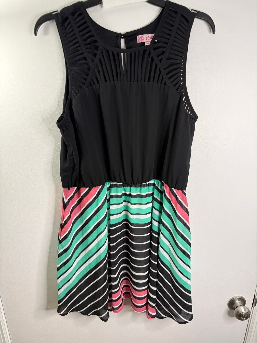 Candie's XL Lattice Yoke Stripe Fit Flare Dress Pink Teal Black NWOT